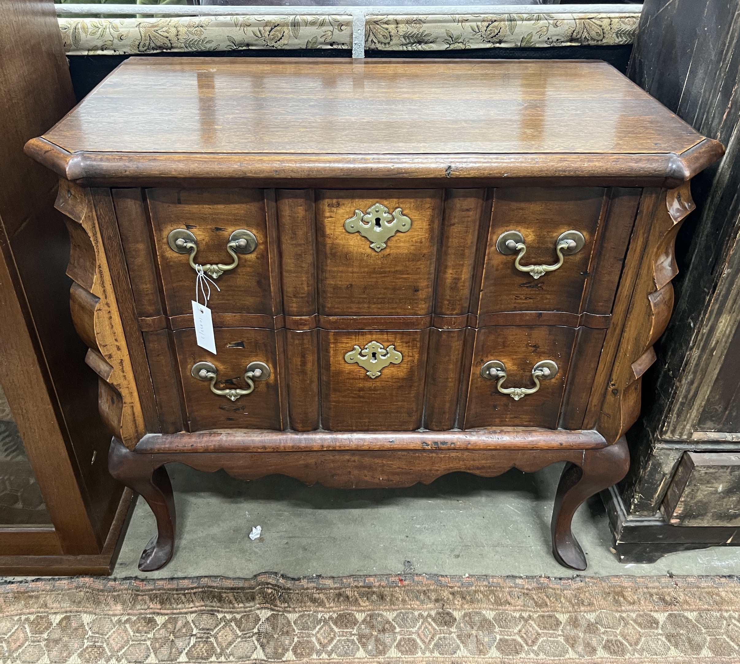 A Dutch style mahogany and walnut two drawer chest, width 82cm, depth 45cm, height 75cm